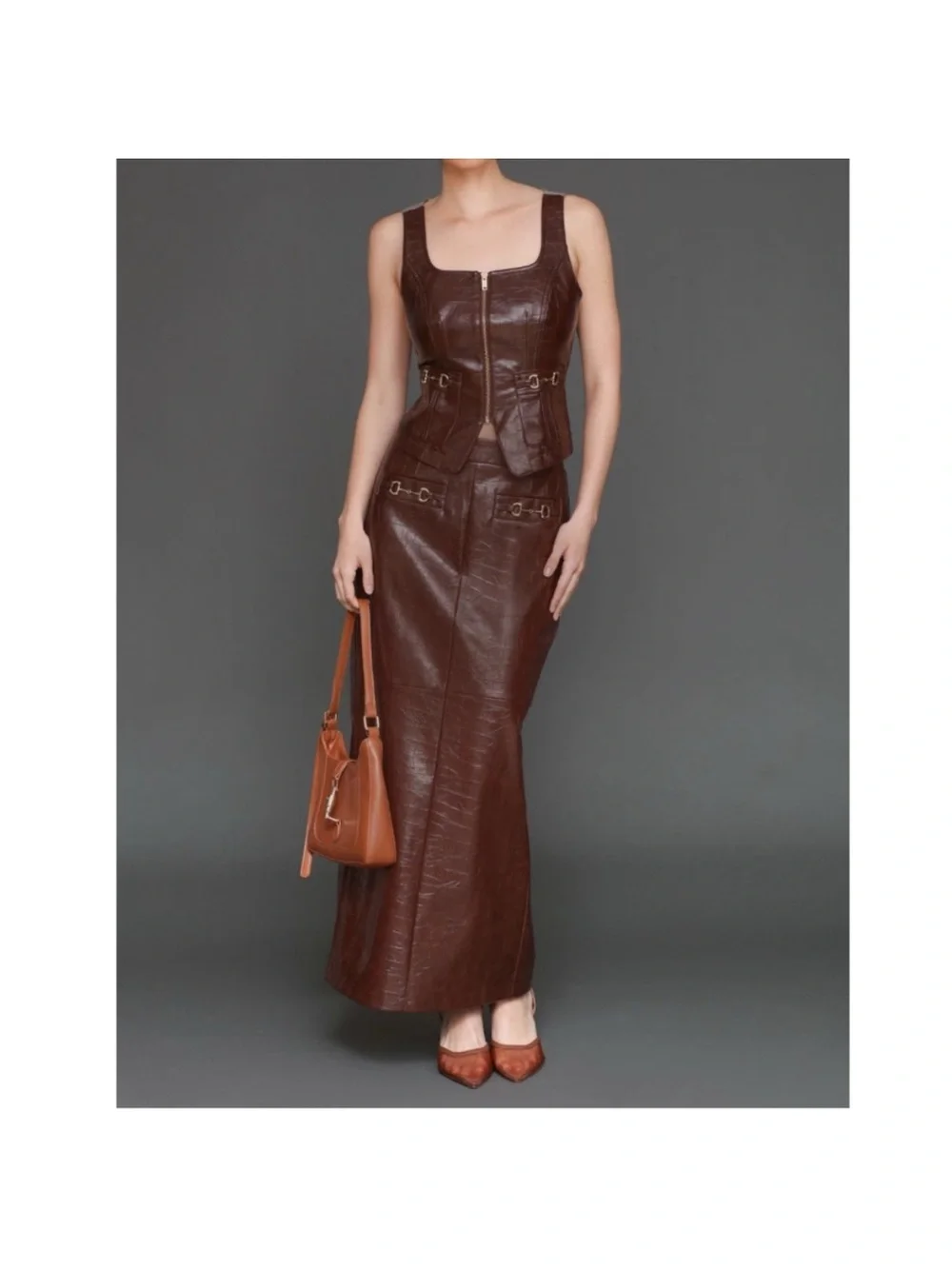 Avec Les Filles Brown Chocolate Faux Leather Buckle Detail Maxi Skirt / Vest Set